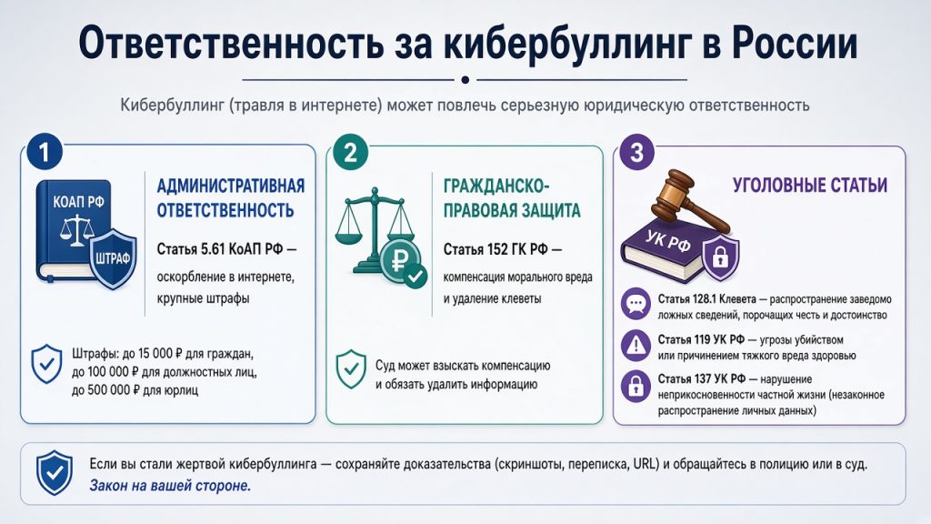 Инфографика: Наказание за травлю в сети - по каким статьям привлекают за кибербуллинг в РФ